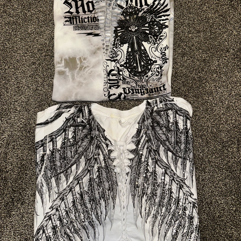 Affliction Graphic White and Black Lace-Up Tops
